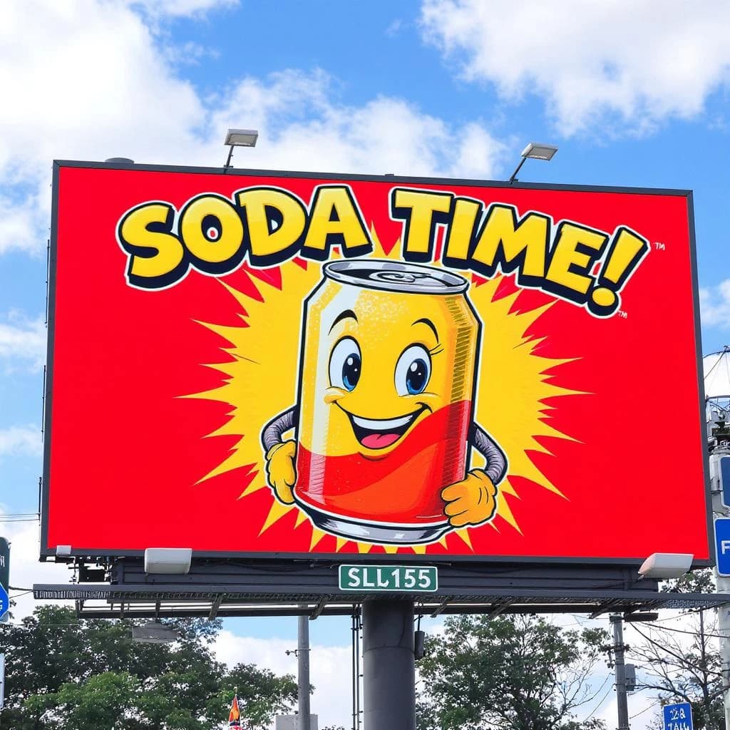 Design a bright soda billboard ad with a bubbly can mascot, thick inky lines.
