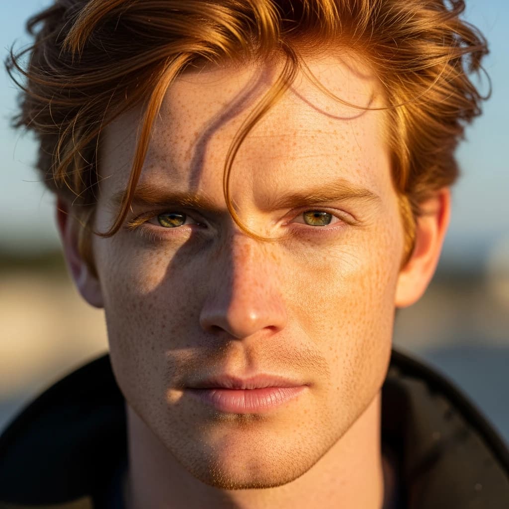 Shoot a natural light headshot of a red-haired man with freckles, green eyes.