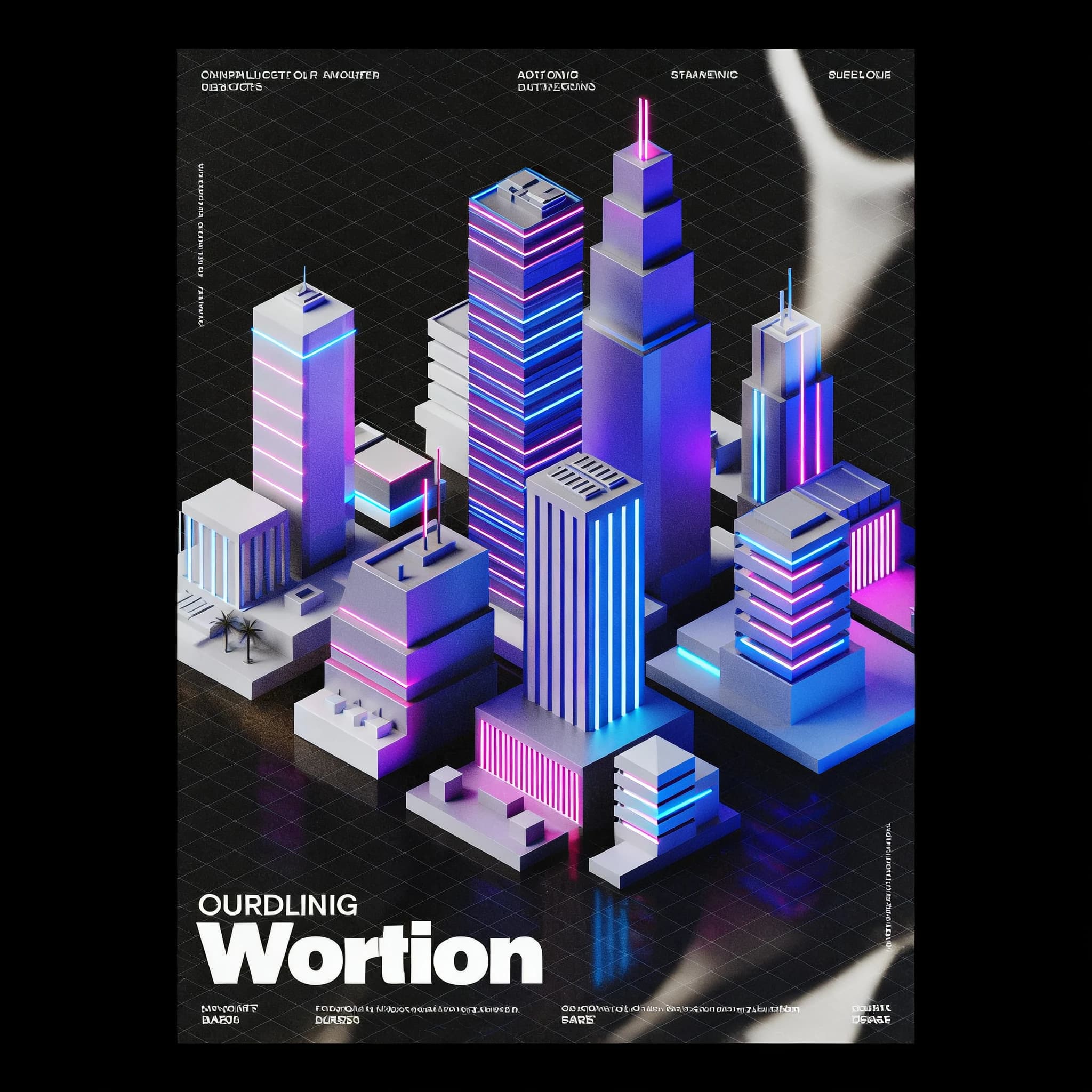 Render an isometric city poster with geometric buildings, neon gradients, gloss highlights, soft AO shadows, clean sans-serif lettering, grid layout, reflections a bit overexposed.