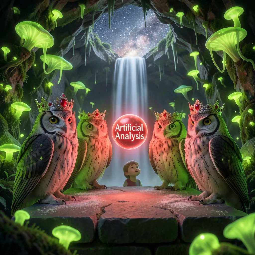 In a cavern lined with bioluminescent fungi glowing lime green, the council of owls wear jeweled crowns that glimmer with rubies, their wings folded behind their backs. Dust coats the stone table, a glowing orb inscribed with “Artificial Analysis” hovers above the table illuminating the owls with its red pulsating light. Behind them, a waterfall falls upward into a ceiling that opens onto stars - a child looks down in wonder from above at what he has stumbled across.