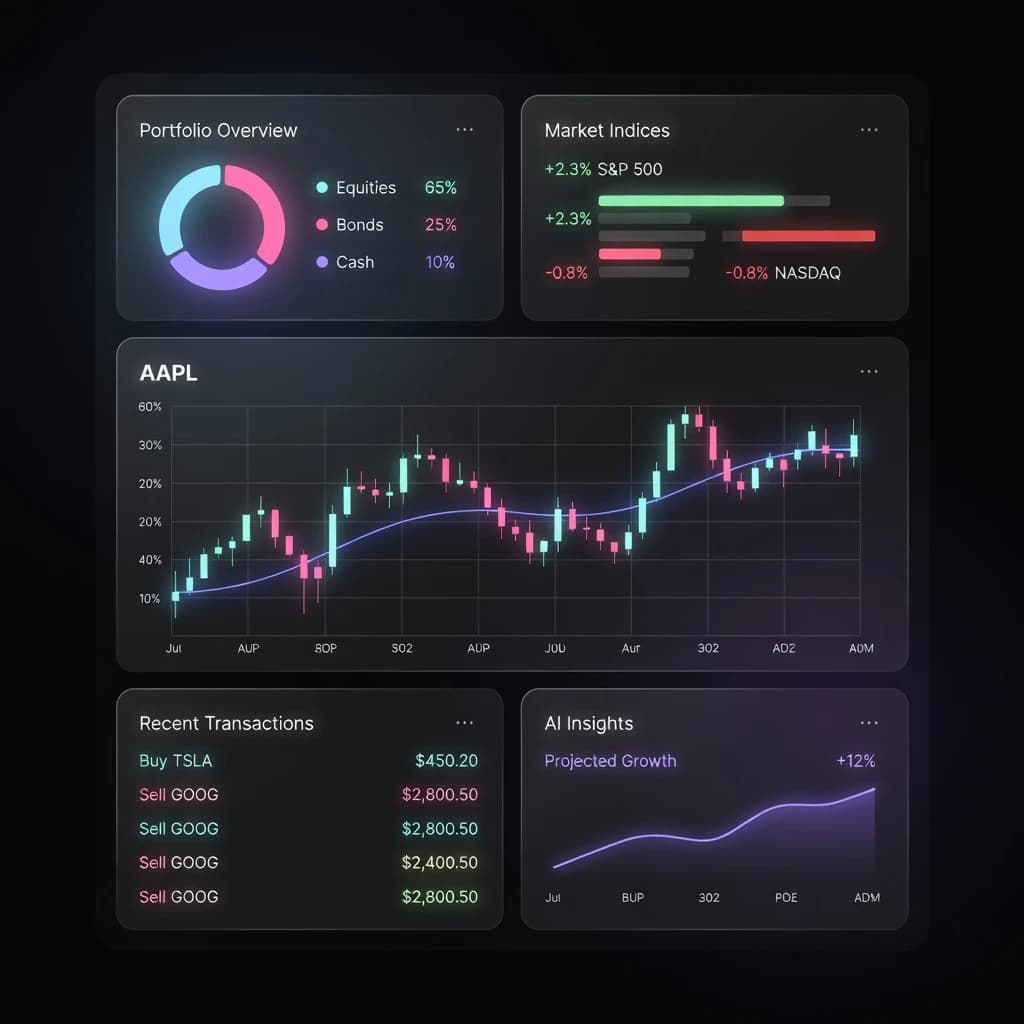Make a dark mode finance dashboard with charts, glassmorphism, soft neon glow.