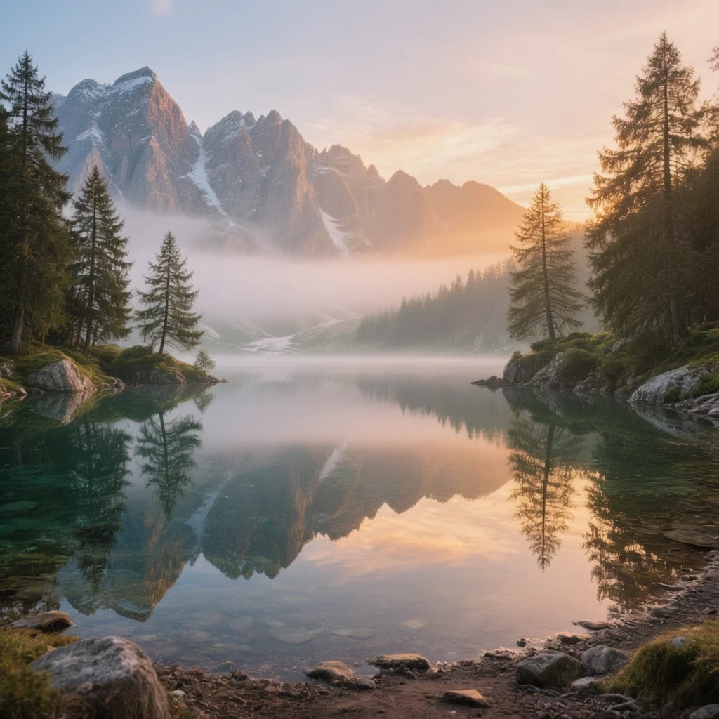 I want a photo of a misty alpine lake at dawn, pines, glassy water, warm light.