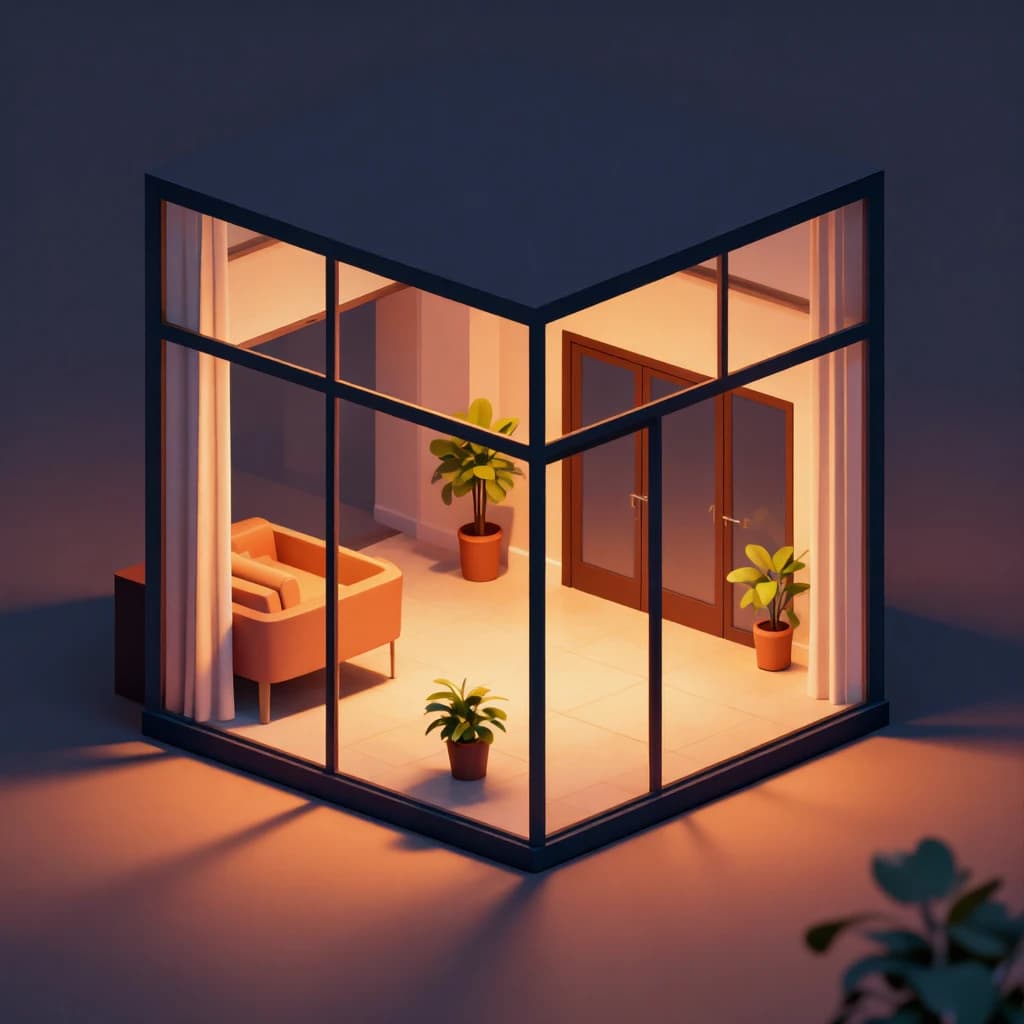 Isometric 3D lobby, glass walls, warm lights, slightly moody, soft shadows.