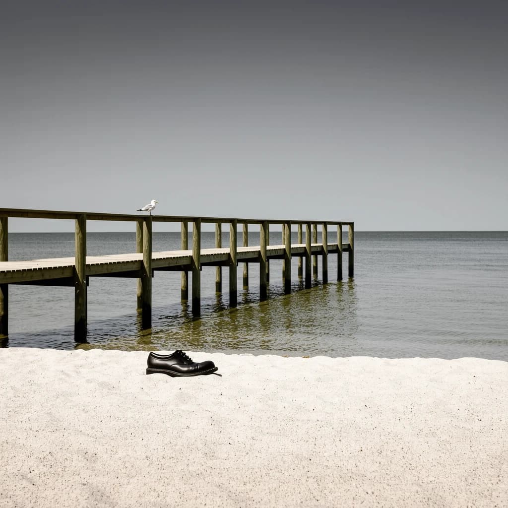 The beach is flat, sand beige, granular, no shells, except for a single left shoe, black leather, size eleven, half buried at an angle. The pier extends straight into the water, wood untreated, grain visible, though the support posts vanish before they touch the surface. The sky is uniformly gray, no clouds, yet shadows stretch at sharp diagonals. A single gull sits on the railing, wings outstretched, frozen mid-flap, no movement.