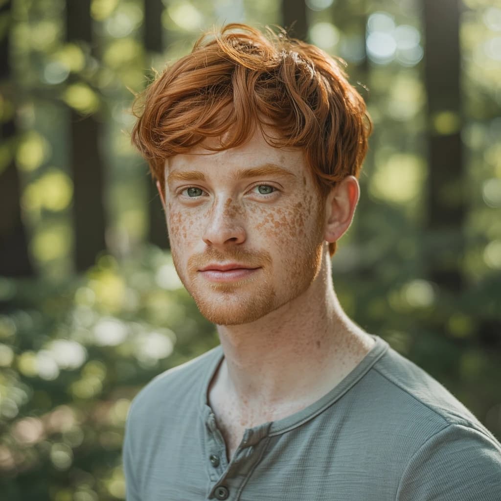 Shoot a natural light headshot of a red-haired man with freckles, green eyes.