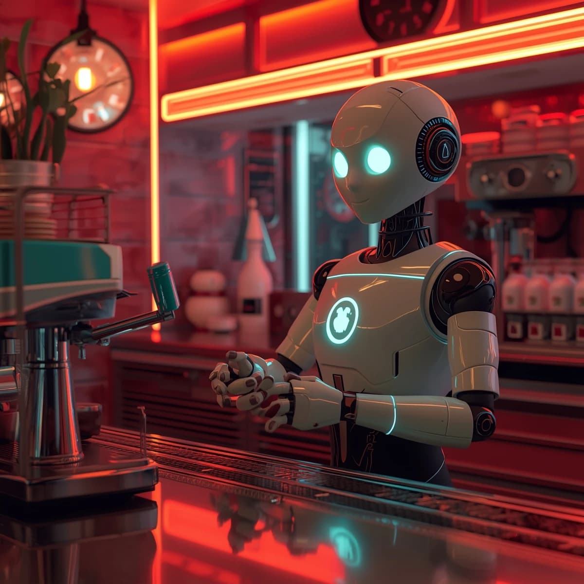A smiling robot barista serves glowing lattes in a neon diner with bold lines.