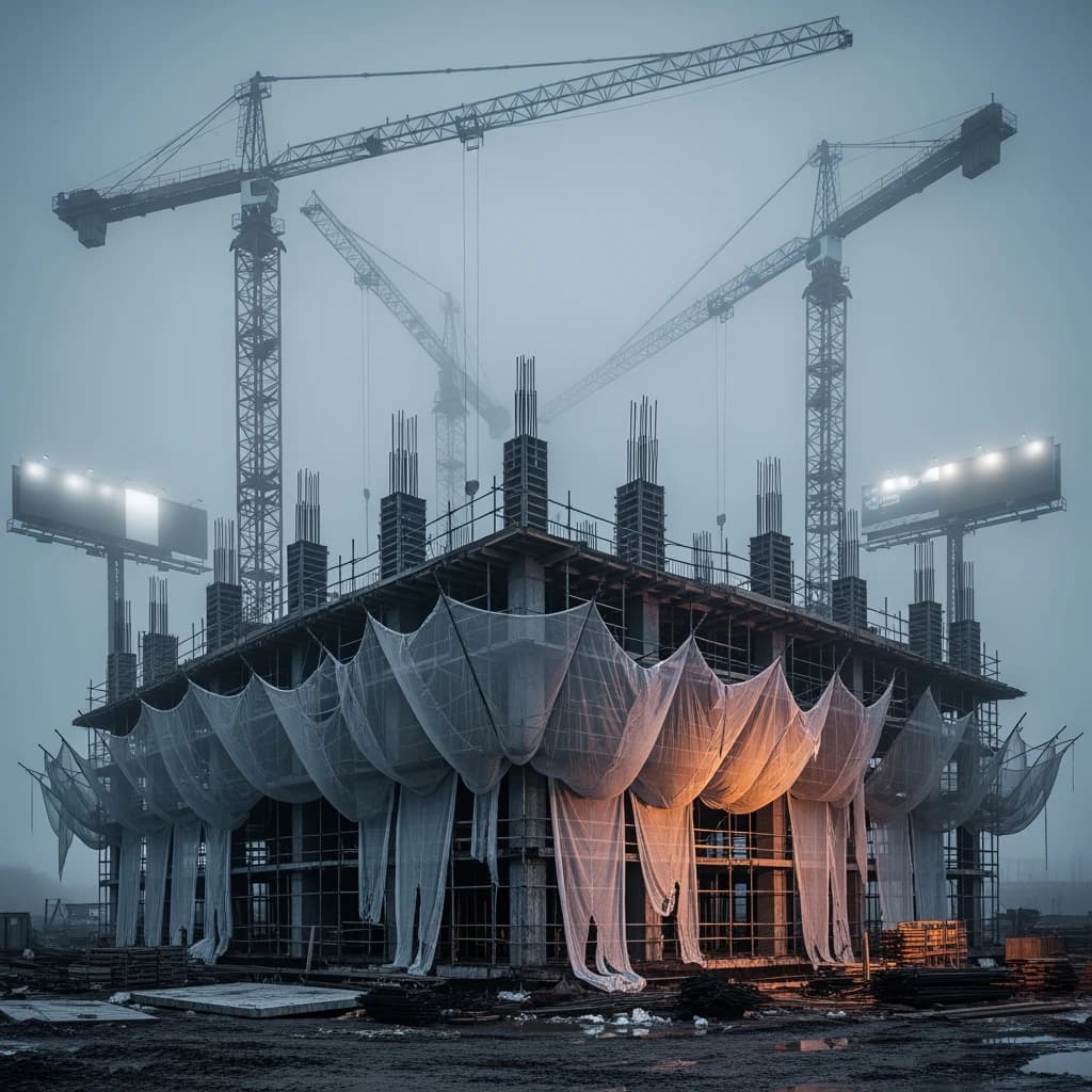 A construction site stretched upward into fog, cranes frozen in silhouette. Wind rattled scaffolding draped with torn mesh that glowed faintly from nearby billboards