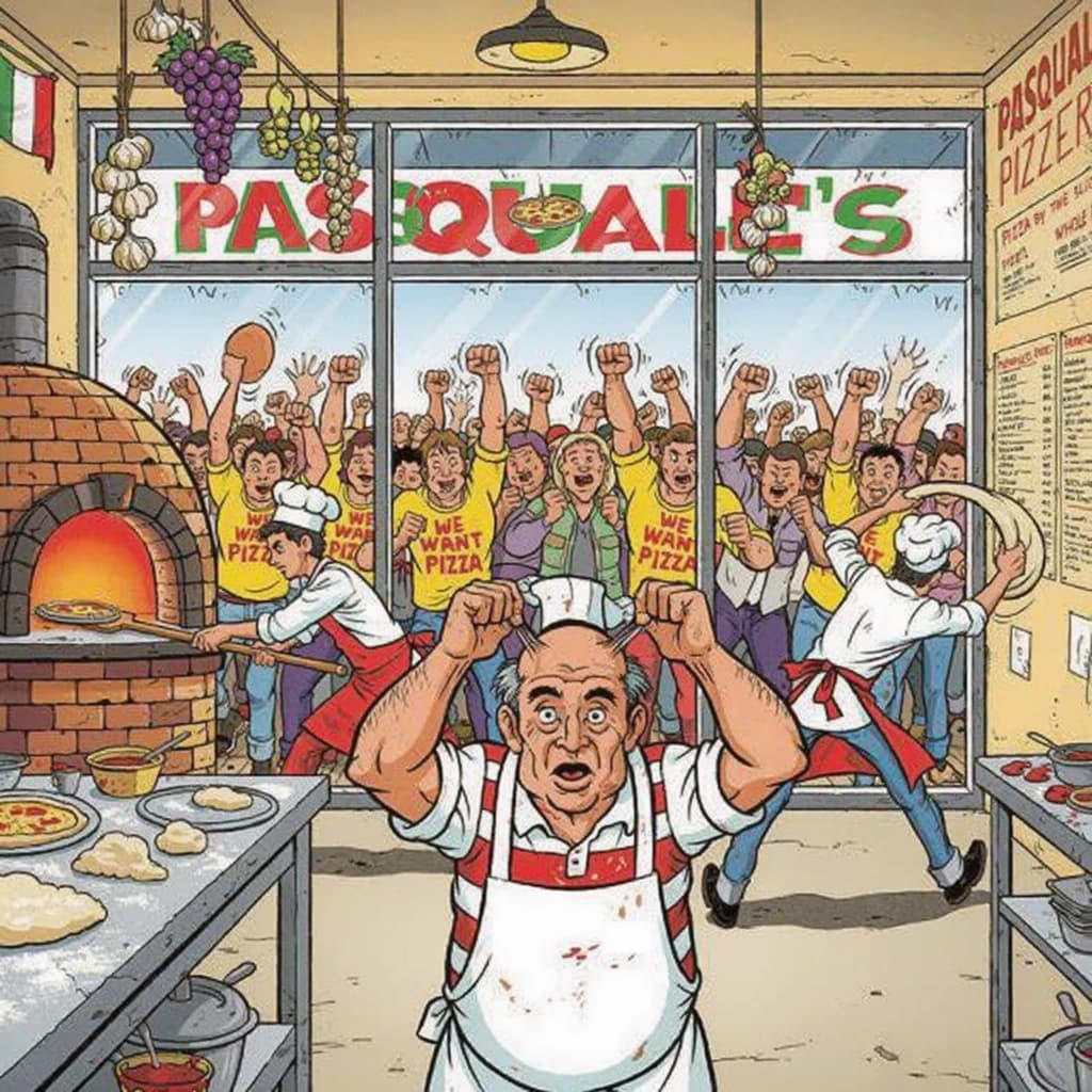 Pasquale is pulling his few remaining hairs out over a disaster at the pizzeria - the cooks are working as fast as they can but the crowds outside are swelling and they demand hot hot pizza! They are banging on the glass and some are wearing "we want pizza" shirts. 1980s western TV animation style.