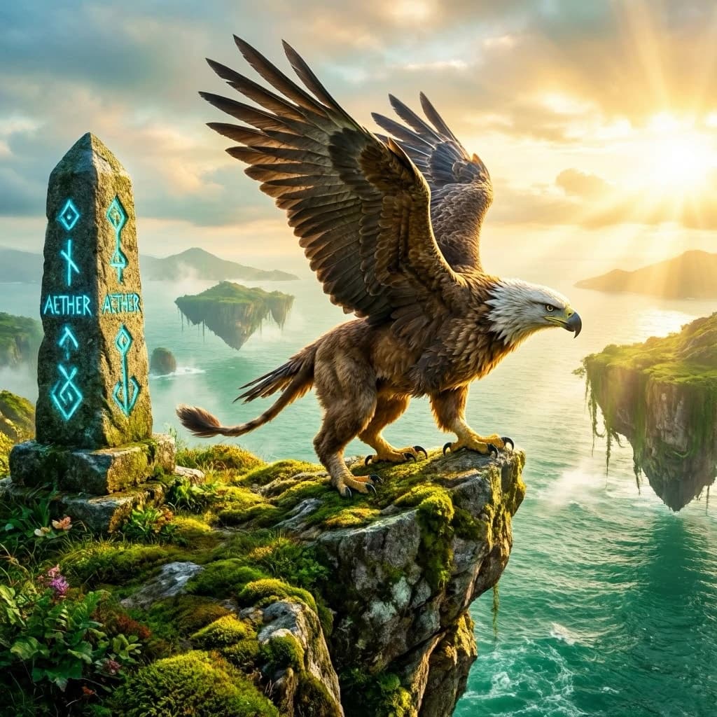 At dawn, a winged griffin lands on a mossy cliff above a jade sea beside a runed obelisk; floating isles drift under golden sunbeams, with a bit of sea spray and glowing runes.