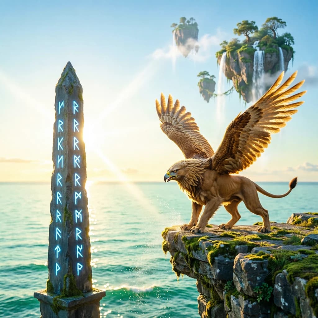 At dawn, a winged griffin lands on a mossy cliff above a jade sea beside a runed obelisk; floating isles drift under golden sunbeams, with a bit of sea spray and glowing runes.