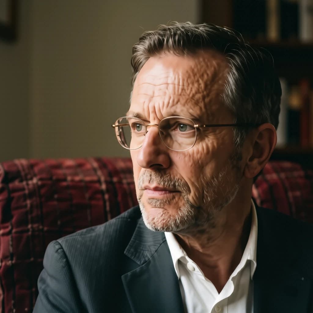 A sharply lit portrait of a middle-aged man wearing thin-rimmed glasses and a dark jacket over a white collared shirt. He gazes intently to the side, his face half illuminated by warm light while the background recedes into deep shadow. The expression is thoughtful, almost wary, as if caught mid-conversation. Behind him, a striped cushion in muted reds and blacks adds subtle texture, contrasting with the crisp highlights on his forehead and glasses. The overall mood is contemplative and cinematic, balancing warmth with tension.