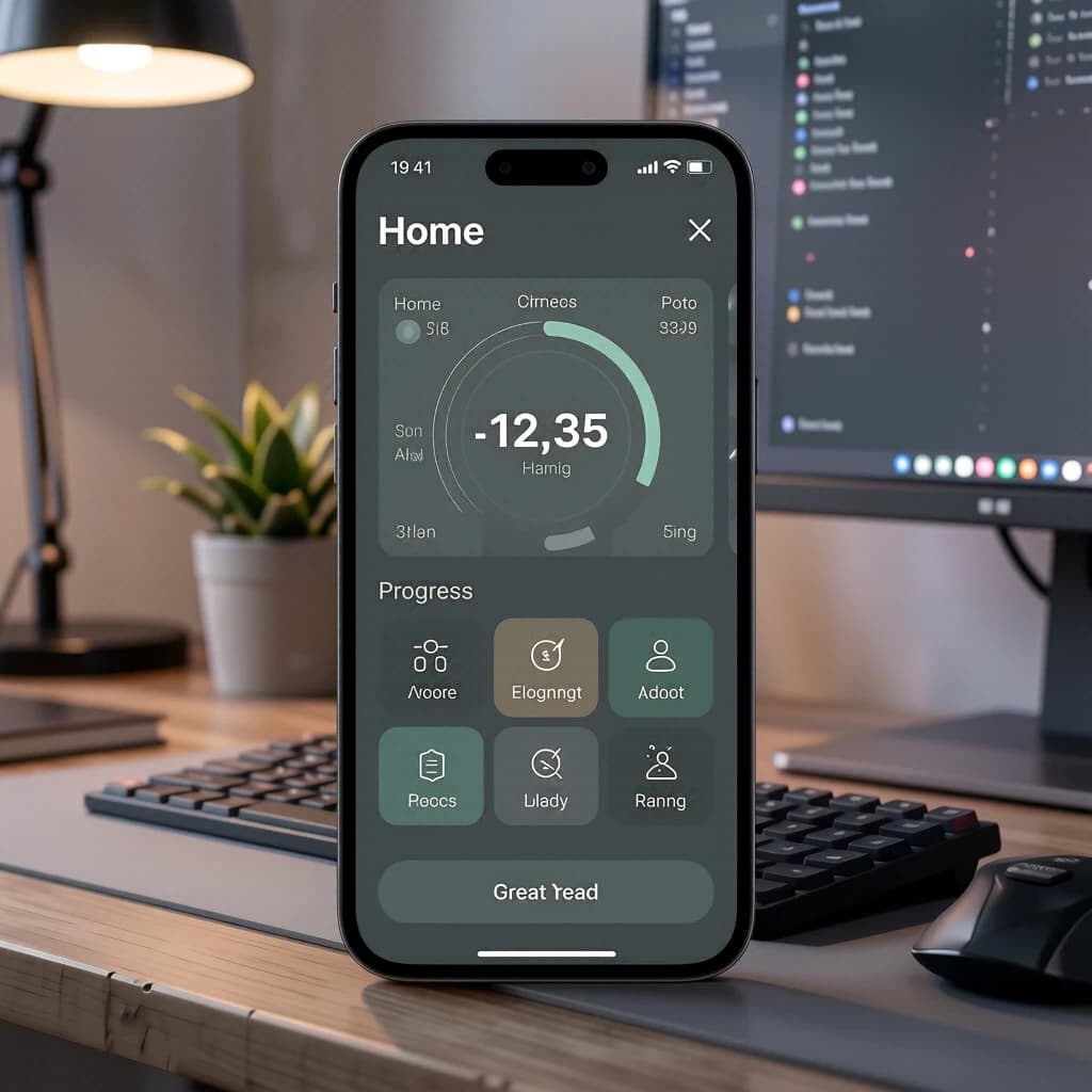Sleek mobile fitness app screens on a desk: dark mode home, progress dashboard, simple onboarding, clear 8 pt grid, slightly oversized buttons for thumb reach, muted colors.