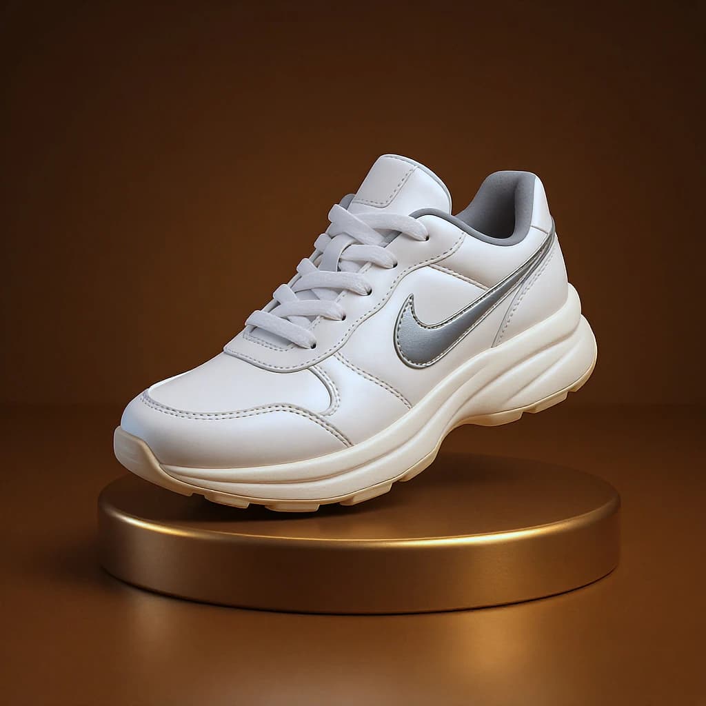 Make a polished 3D ad render: sneakers on glossy plinths, rim lighting.