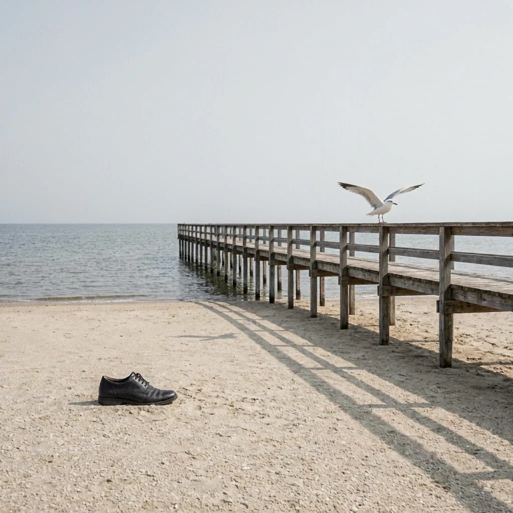 The beach is flat, sand beige, granular, no shells, except for a single left shoe, black leather, size eleven, half buried at an angle. The pier extends straight into the water, wood untreated, grain visible, though the support posts vanish before they touch the surface. The sky is uniformly gray, no clouds, yet shadows stretch at sharp diagonals. A single gull sits on the railing, wings outstretched, frozen mid-flap, no movement.