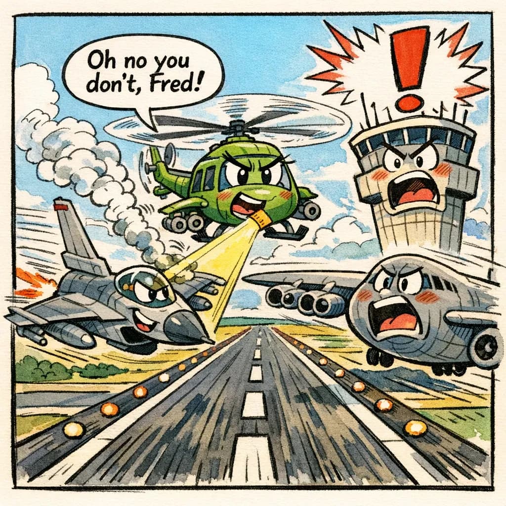 Almost at the runway, Fred the Fighter Jet is racing with Barry the Bomber to see who lands first. Fred has a mischievous trick up his sleeve but Hermione the Helicopter is going to stop him before he gets the chance. The control tower is very angry and has a big exclamation mark. Hand drawn cel look
