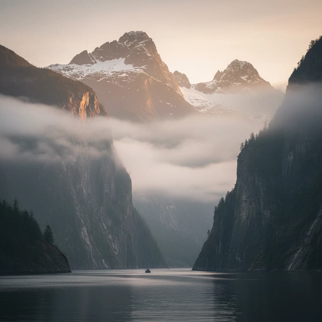 Frame a foggy fjord at sunrise, cliffs looming.