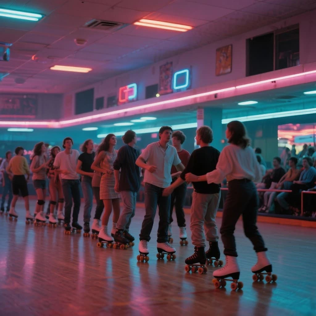 A 1970s roller rink crowd skates under neon, with a bit of fade and film grain.