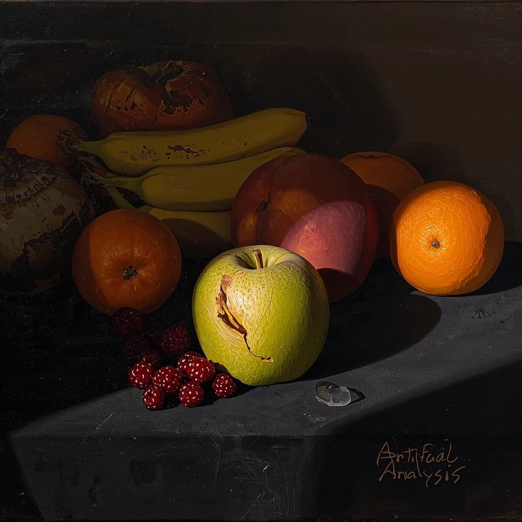 A still life scene painted oil on canvas, comprising various fruits on a black table cloth with striking lighting coming from the right out of frame, creating strong shadows. A bruised green apple is in the foreground, a peach behind it, and behind that a melange of oranges and bananas in various states of ripeness. Berries are strewn in front of the apple. The artist has signed his name "Artificial Analysis" in the bottom right corner in a hurried fashion.