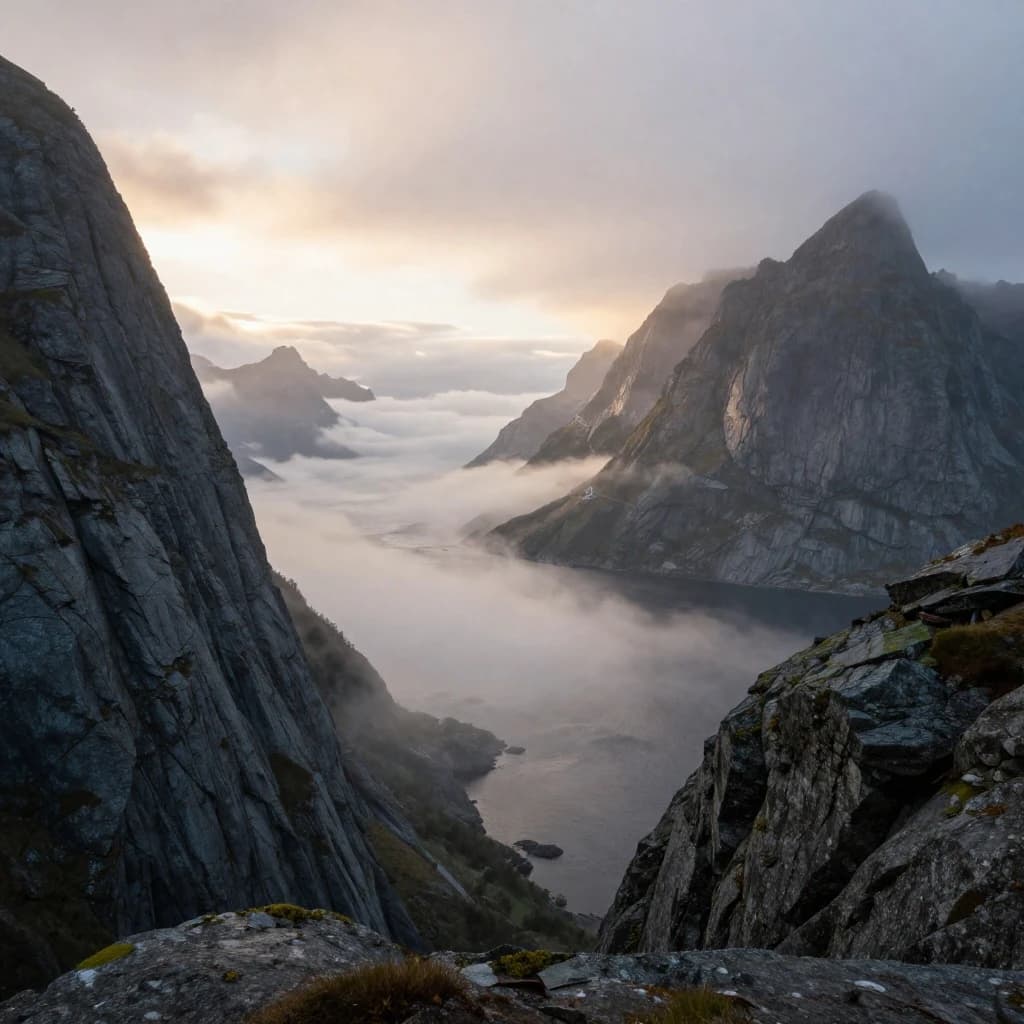 Frame a foggy fjord at sunrise, cliffs looming.