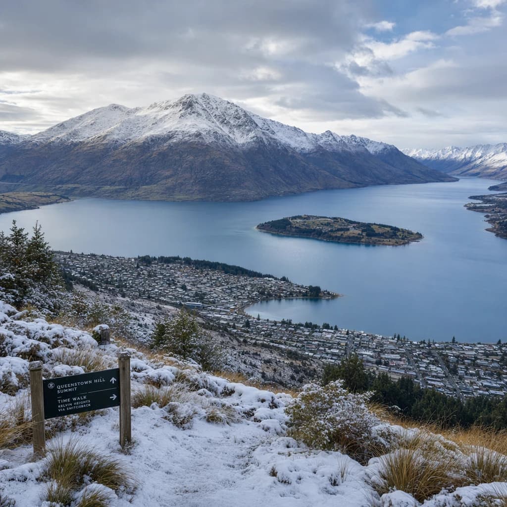 Queenstown's Lake Wakatipu, viewed from the top of Queenstown Hill after a snowstorm just dusted the top of Cecil's Peak