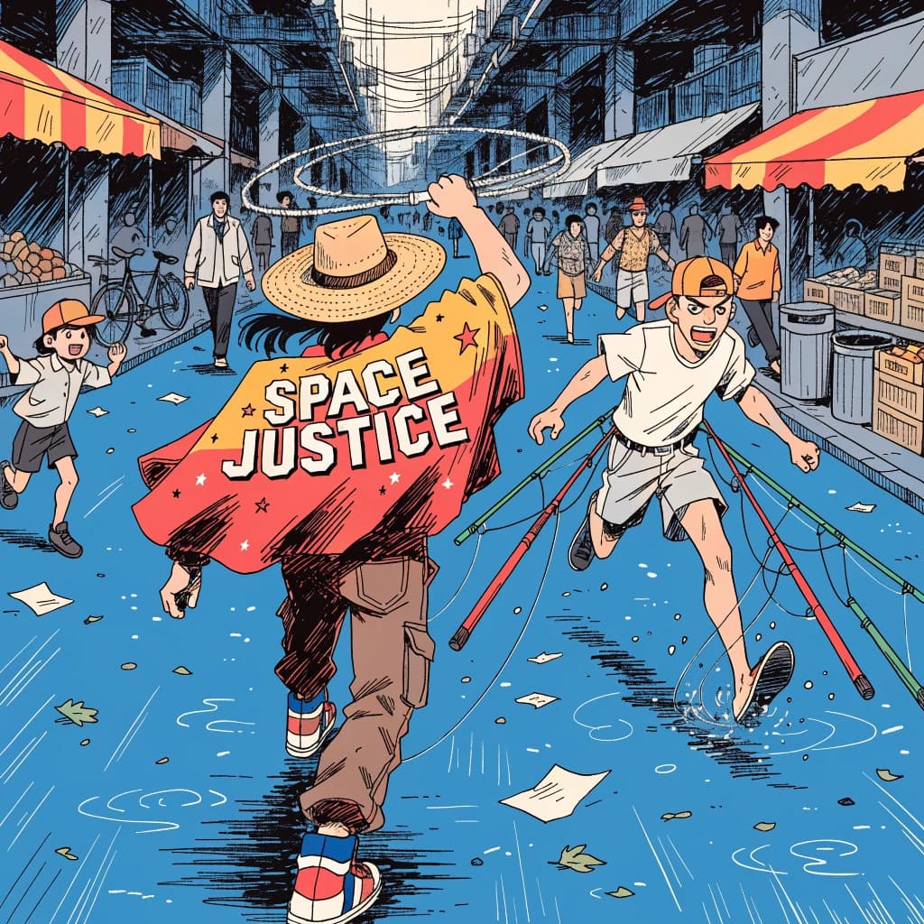The space cowboy chases the deranged fisherman underneath the causeway, eager to collect on his bounty. Fishing rods and lines hang off the back off the fishermen as he darts between the bustling market crowd. We see the back of the space cowboy in his space poncho emblazoned with the words SPACE JUSTICE, spinning his lasso over his head. A child on the sidelines excitedly cheers the cowboy. 1990s hand drawn anime style with strong fluidity
