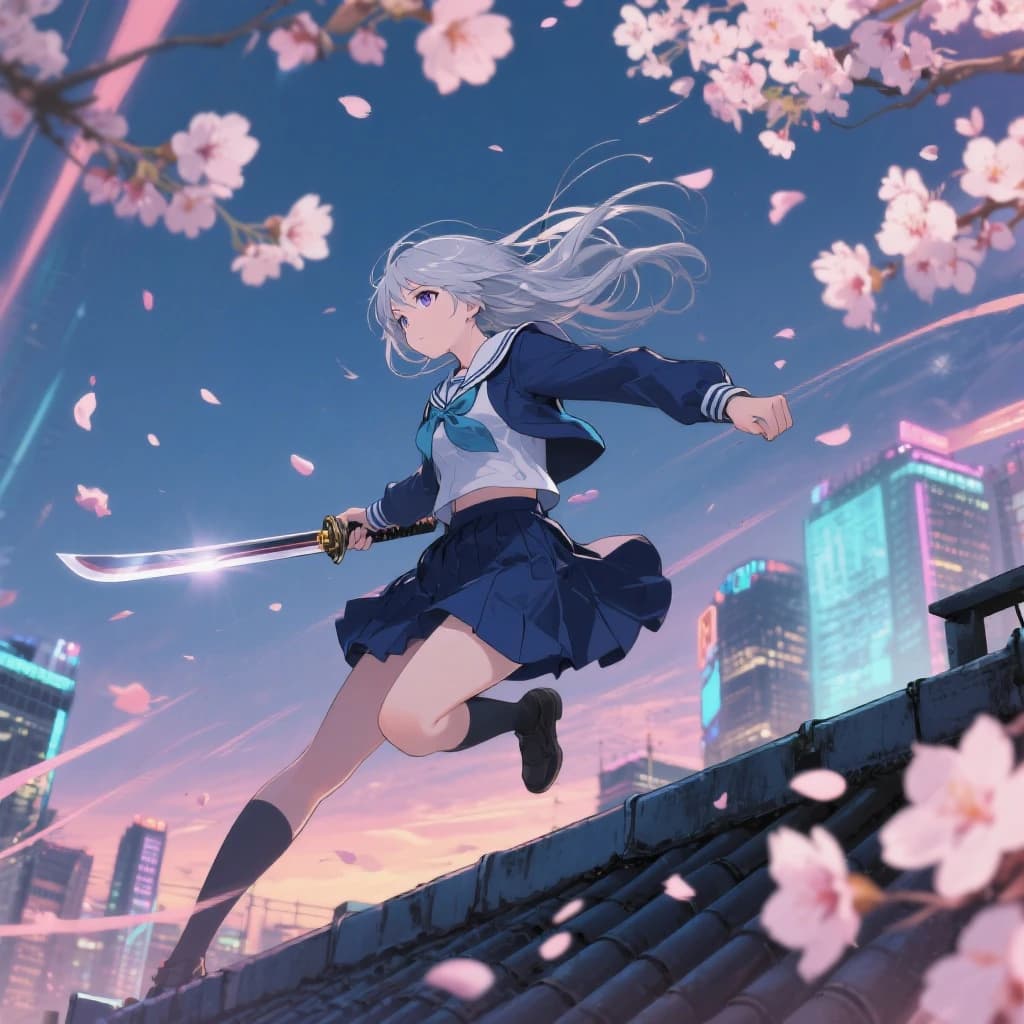 Wind-swept rooftop at dusk, a silver-haired swordswoman in a navy school uniform leaps, luminous eyes, cel shading, cherry blossoms swirl, neon city, dynamic angle, speed lines.