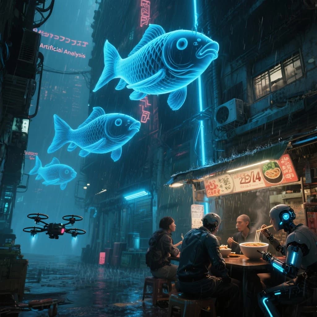A neon alley in Neo-Tokyo 2142 drips with rain Cybernetic patrons slurp ramen at a stall with their glowing implants humming with blue light. Three giant holographic koi hover 10 metres above the ground and swim across the skyline, one has clipped into a building. A six-prop drone hovers nearby, projecting "Artificial Analysis" onto a wall with blue laser beams visible