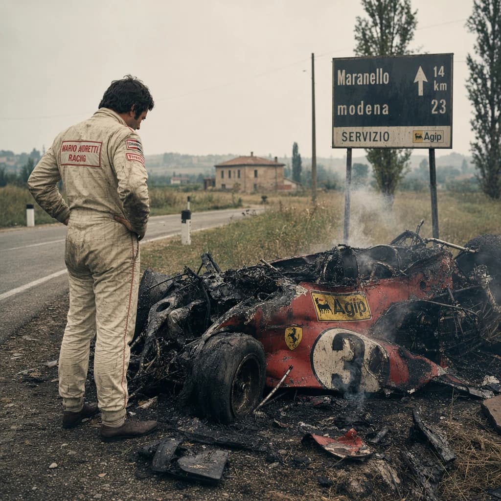 Mario examines the still smouldering wreck of the crash that took his best driver on the side of the country road. He designed this car and caused this. 3 days have passed since the crash. It's 1973 in Northern Italy.