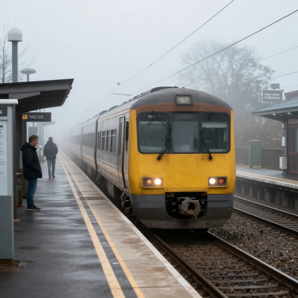 A commuter train enters a foggy little station.