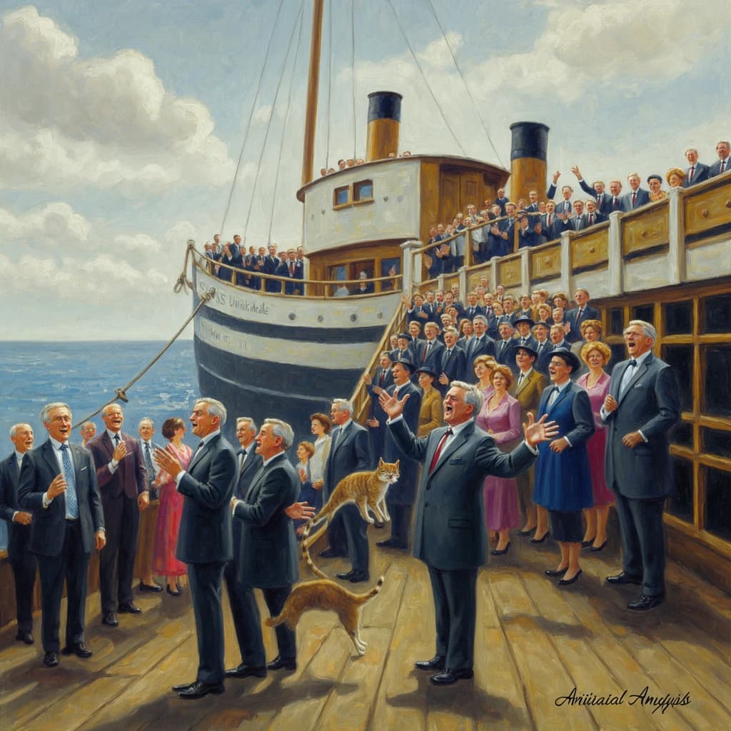 An impressionistic painting of the mighty steamer the "SS Unsinkable We Really Mean It This Time" on a cloudy but bright London morning about to set out on her maiden voyage. A jubilant crowd is gathered on the dock around the paunchy mayor who is making a speech, gesticulating wildly with his hands. The gangways are busy with well heeled ladies and gentlemen making their way onto the ship. A cheeky cat hangs over the water, clinging to the mooring rope after an ill-fated attempt to climb up. The artist has signed his name "Artificial Analysis" in the bottom corner