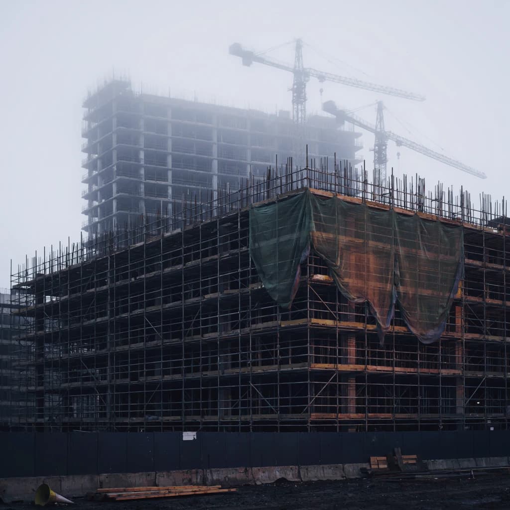 A construction site stretched upward into fog, cranes frozen in silhouette. Wind rattled scaffolding draped with torn mesh that glowed faintly from nearby billboards