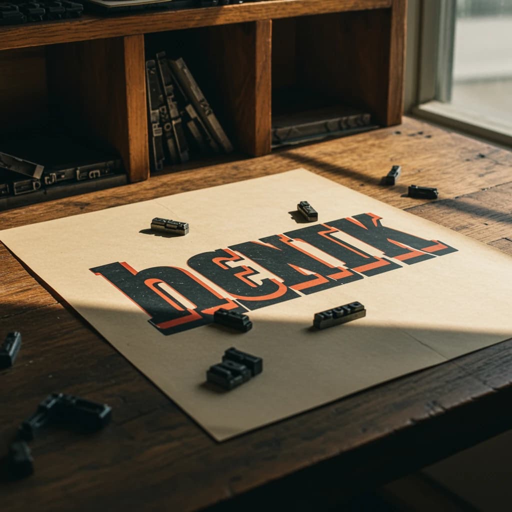 A vintage letterpress poster on a wooden desk: bold slab serif headline, tight kerning, misregistered ink, slightly worn edges, scattered metal type, soft window light.