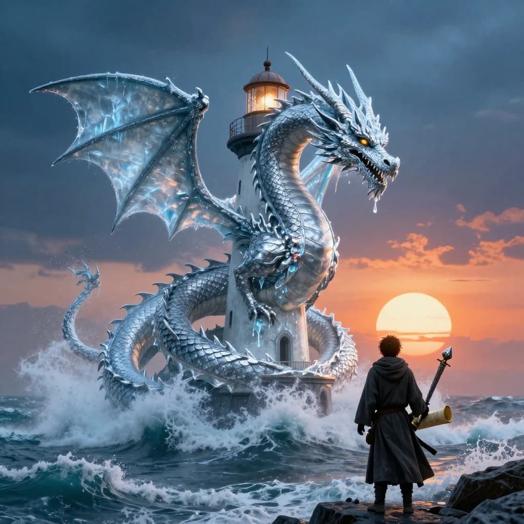 A dragon of molten silver coils around a lighthouse. The storming sea below crashes upward in frozen stillness, as though caught mid-motion. The dragon’s molten eyes drip tears of ice. On the horizon, two suns set next to each other, casting orange light on one side of the tower and blue on the other. A cloaked traveler carries an ancient weapon in his left hand and a scroll in his right.