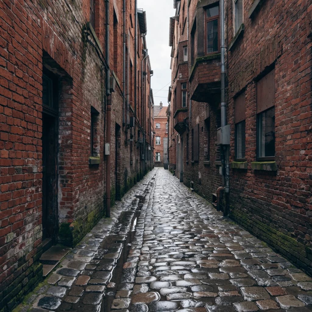 Show a narrow brick alley with wet cobblestones.