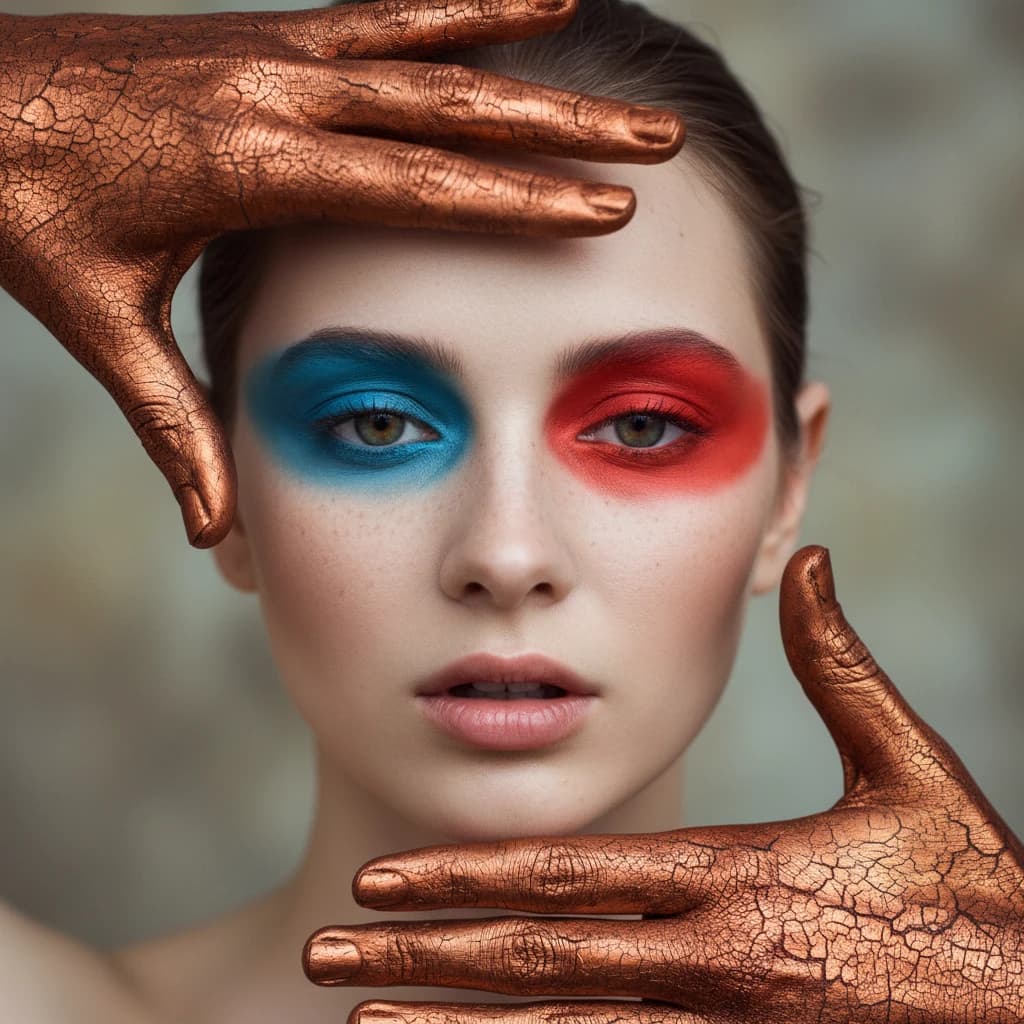 A striking close-up portrait of a woman with cracked metallic copper-painted hands framing her face. Her vivid blue and red eye makeup contrasts sharply with the smooth, pale skin and muted background, creating a bold, surreal composition. She displays an air of uncertainty about her