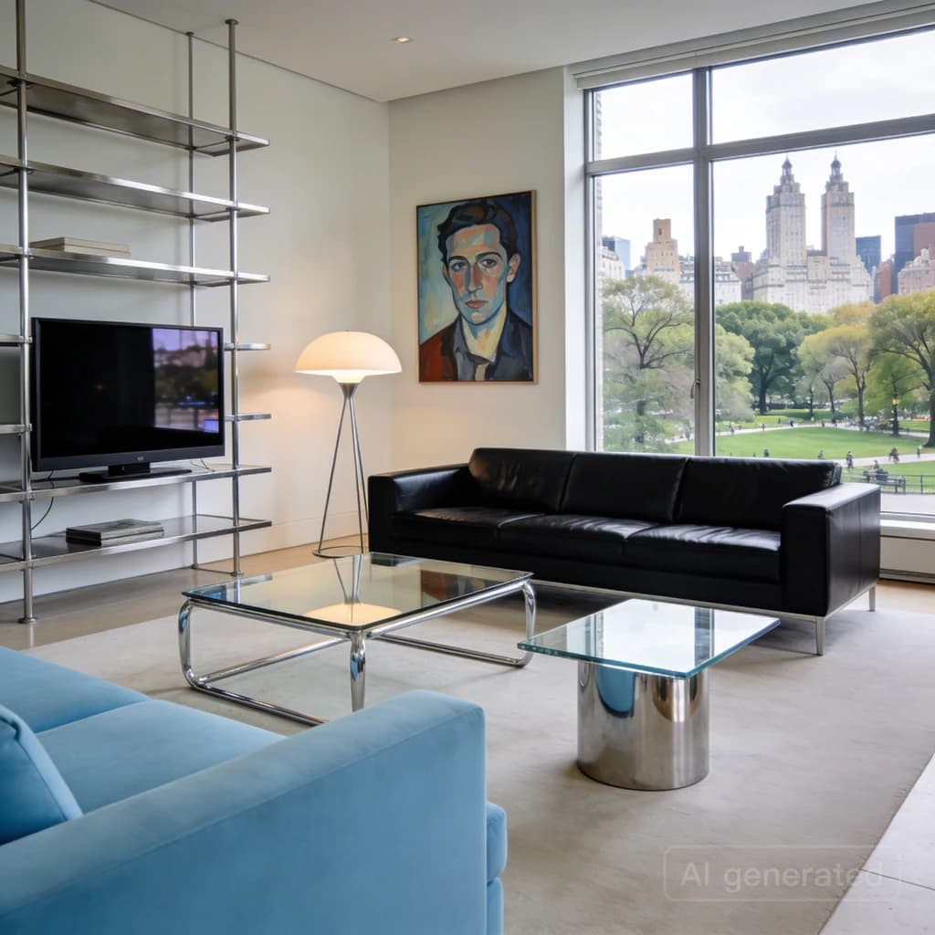My apartment overlooks Central Park. It’s very luxurious, very expensive, and the furniture is minimal — a black leather couch, a glass coffee table with chrome legs, an Arne Jacobsen floor lamp. A big-screen television set rests on a steel shelving unit. A David Onica painting hangs above the couch. There’s a stainless steel and glass cocktail table. A powder-blue sofa. A thirty-inch digital TV.
