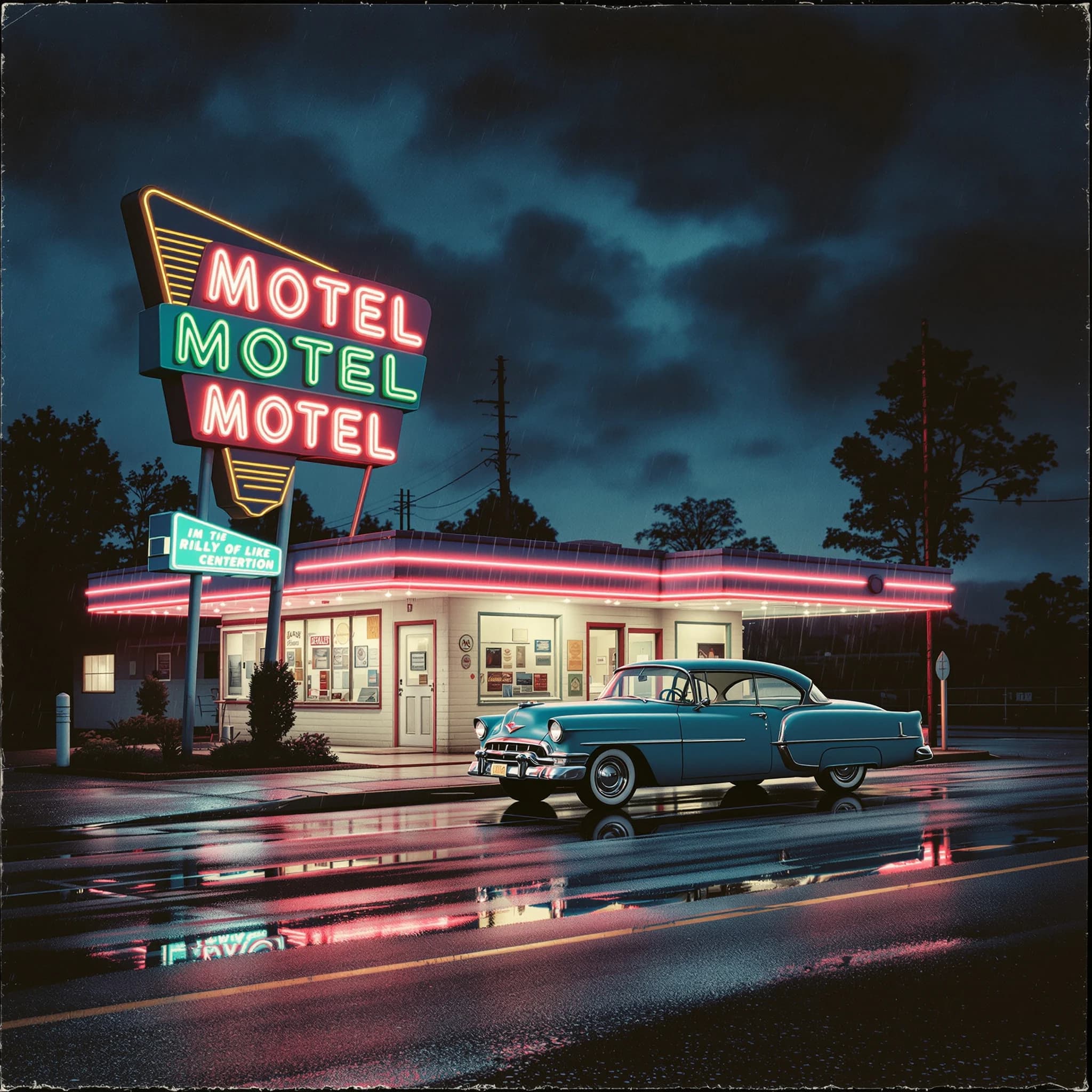 Show an old roadside motel under neon at midnight, rain on asphalt, a teal classic coupe parked; a bit of film grain, slightly faded pastels, halftone print, paper texture.