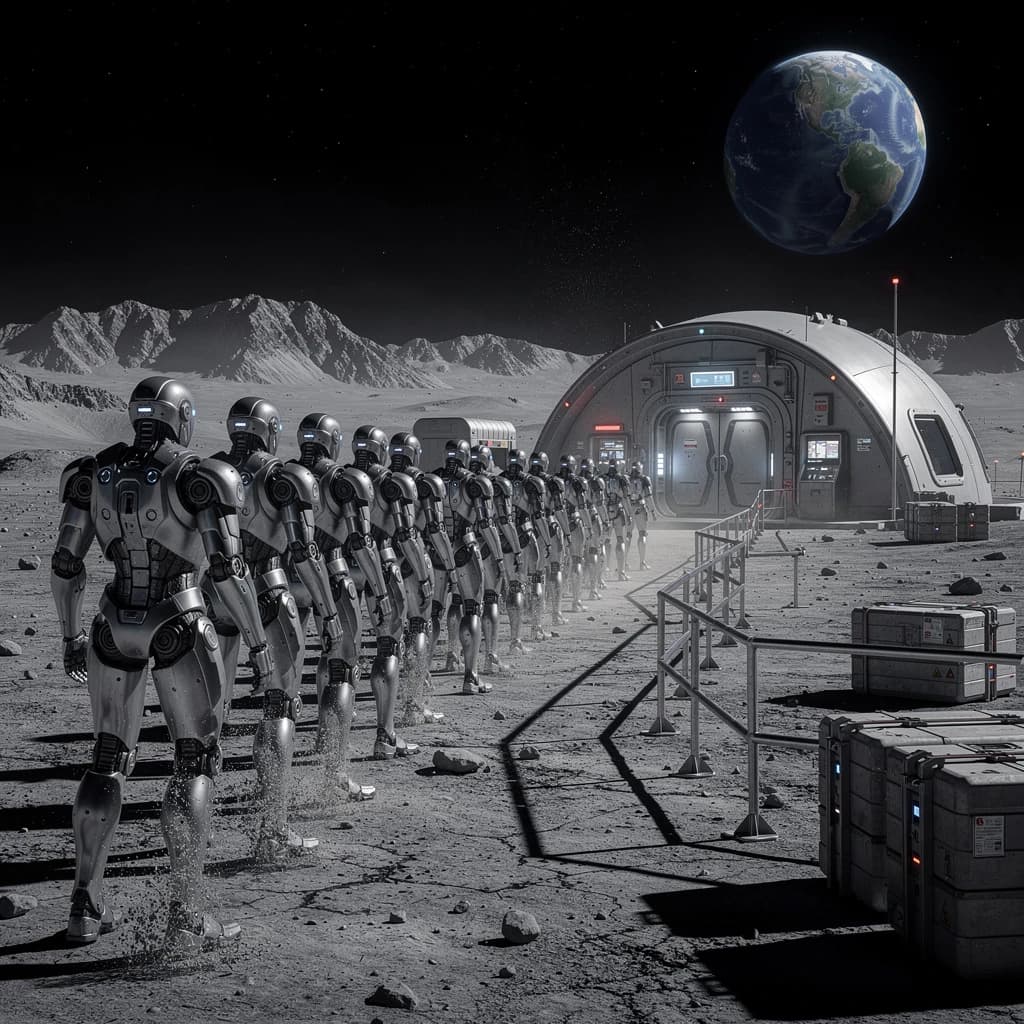 Silver exosuits queue at a dusty lunar checkpoint.