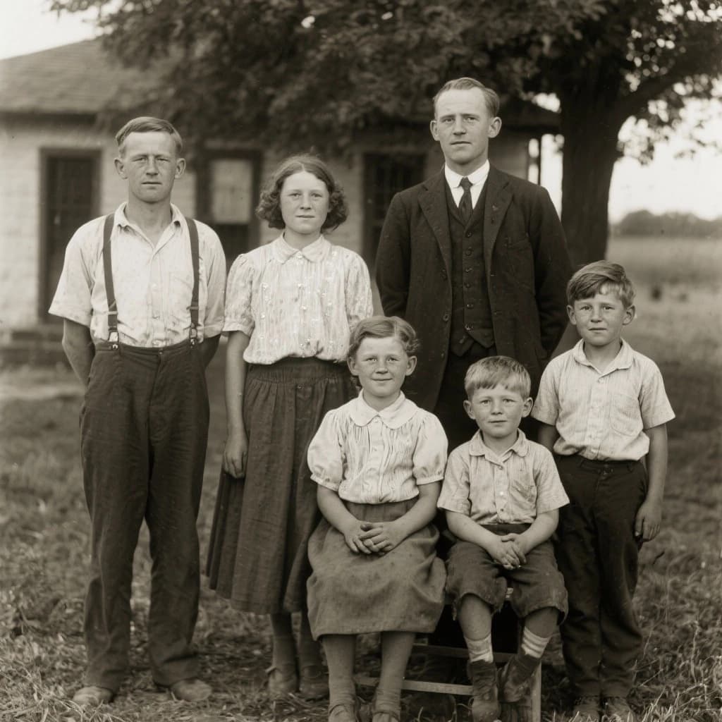Everybody holds still and nobody smiles for the family portrait. It's 1928 in Kansas