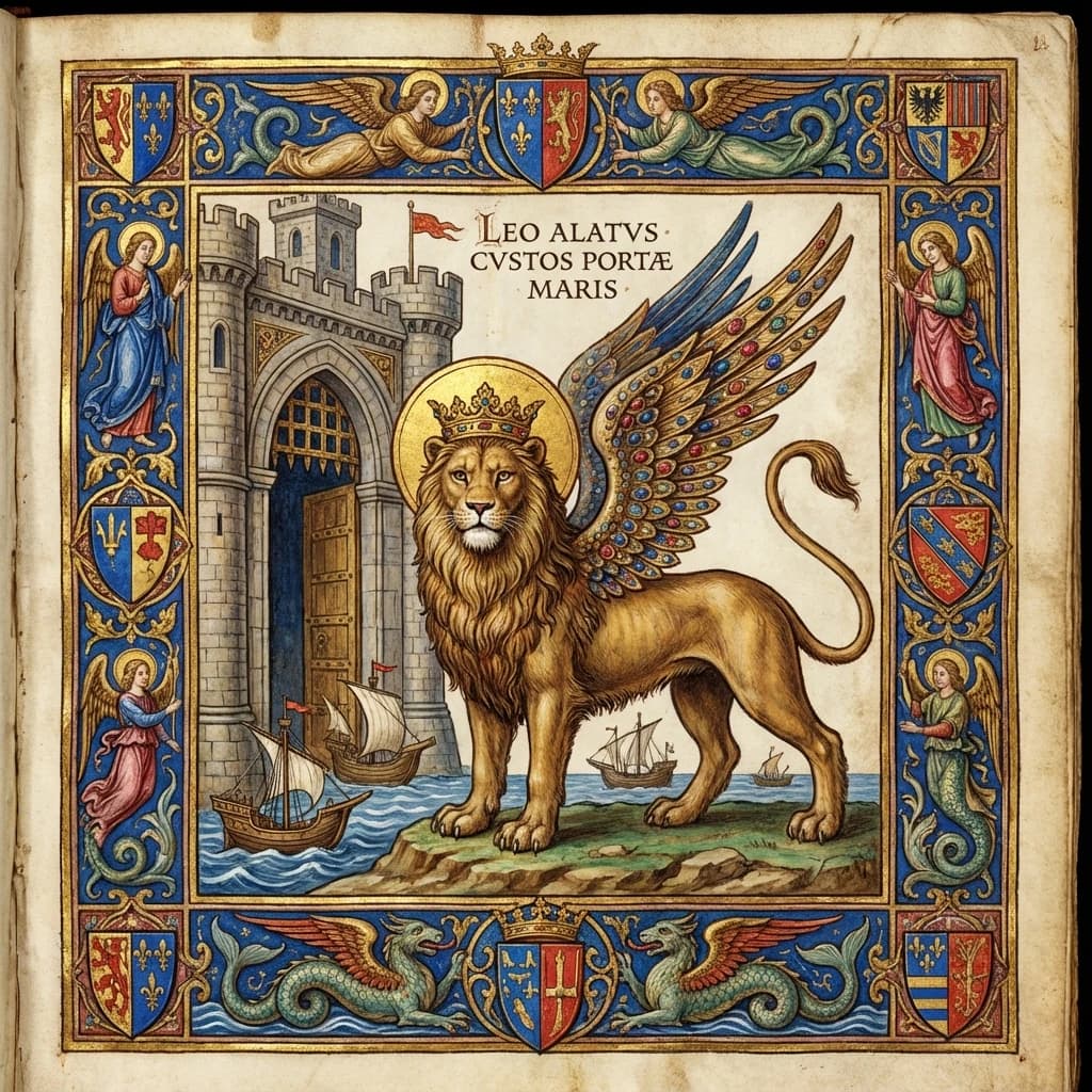 Paint an illuminated manuscript scene of a winged lion guarding a sea gate.