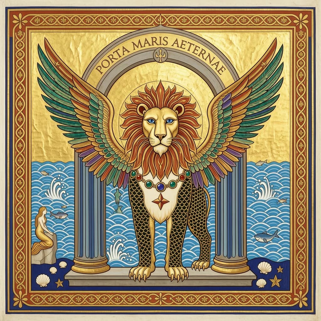 Paint an illuminated manuscript scene of a winged lion guarding a sea gate.