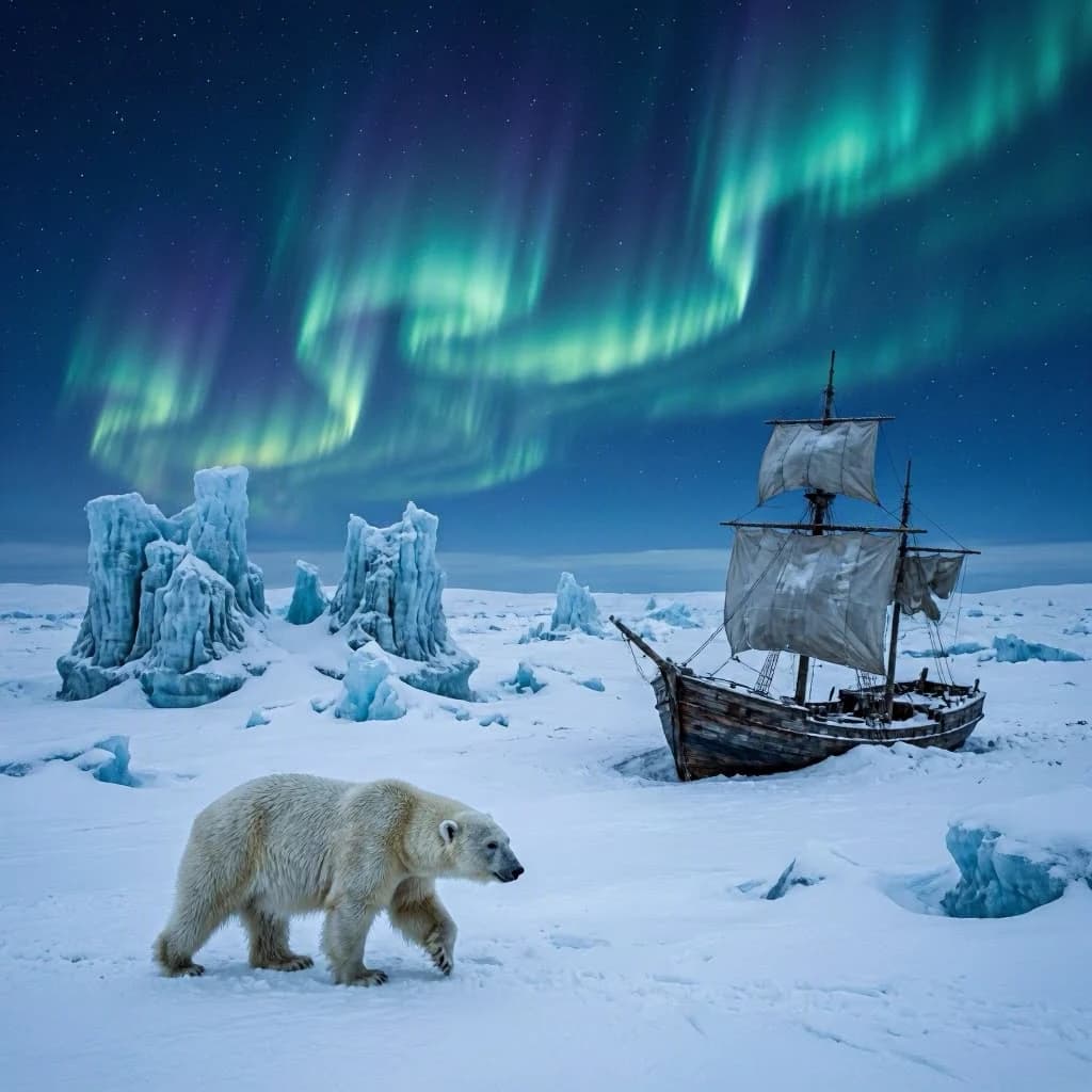 An endless tundra stretches outward, littered with jagged icebergs shaped like cathedral spires. A polar bear trudges across the foreground but leaves no tracks. Auroras ripple overhead. A half-buried shipwreck juts from the snow — sails billowing despite the still air.