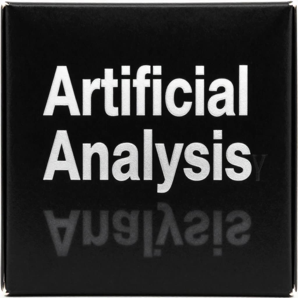 On the black box, silver foil embossing, centered: "Artificial Analysis" in Comic Sans Small Caps, perfectly justified. The letters are crisp, but the “Y” is duplicated faintly, ghosting right. On the box’s reflection, the word order is inverted: ARTIFICIAL ANALYSIS.