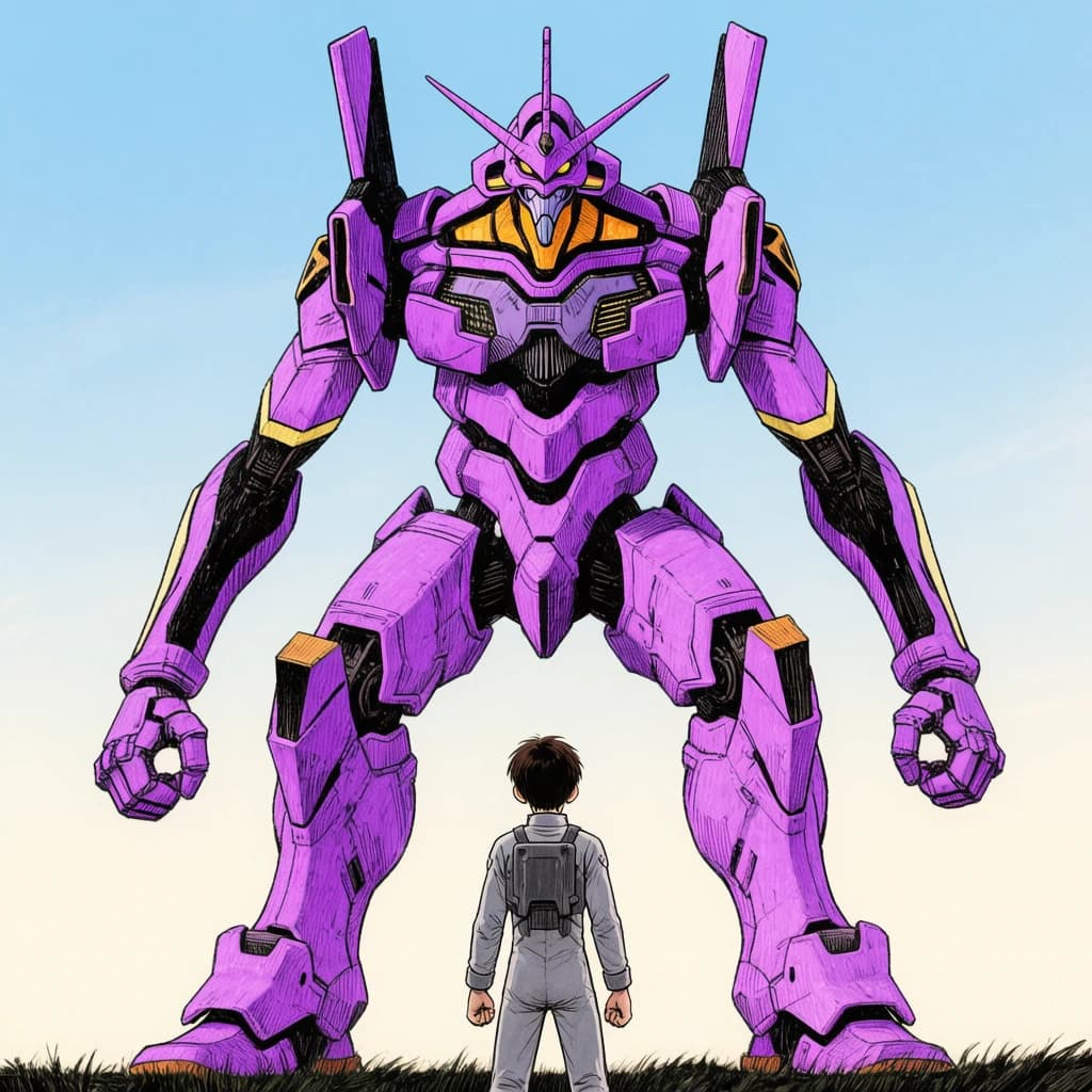 Clad in his body suit up to the neck, young Masa nervously approaches the towering mech with his back facing us. He is nervous for his first time in the field. The mech's bright purple colour scheme contrasts with the grey body suit. The scale of the mech dwarfs Masa. Hand drawn style