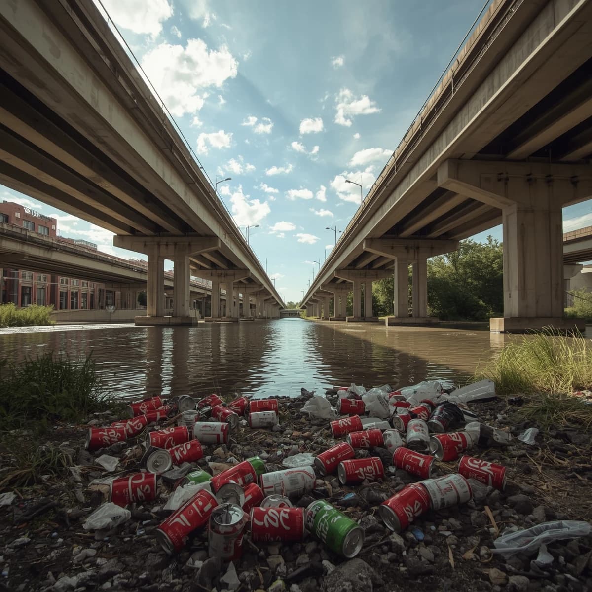 Red soda cans and other garbage sit strewn across the bank of an urban river only a few metres wide. Concrete overpasses criss cross overhead on a bright and sunny day. Fading skywriting proposes marriage