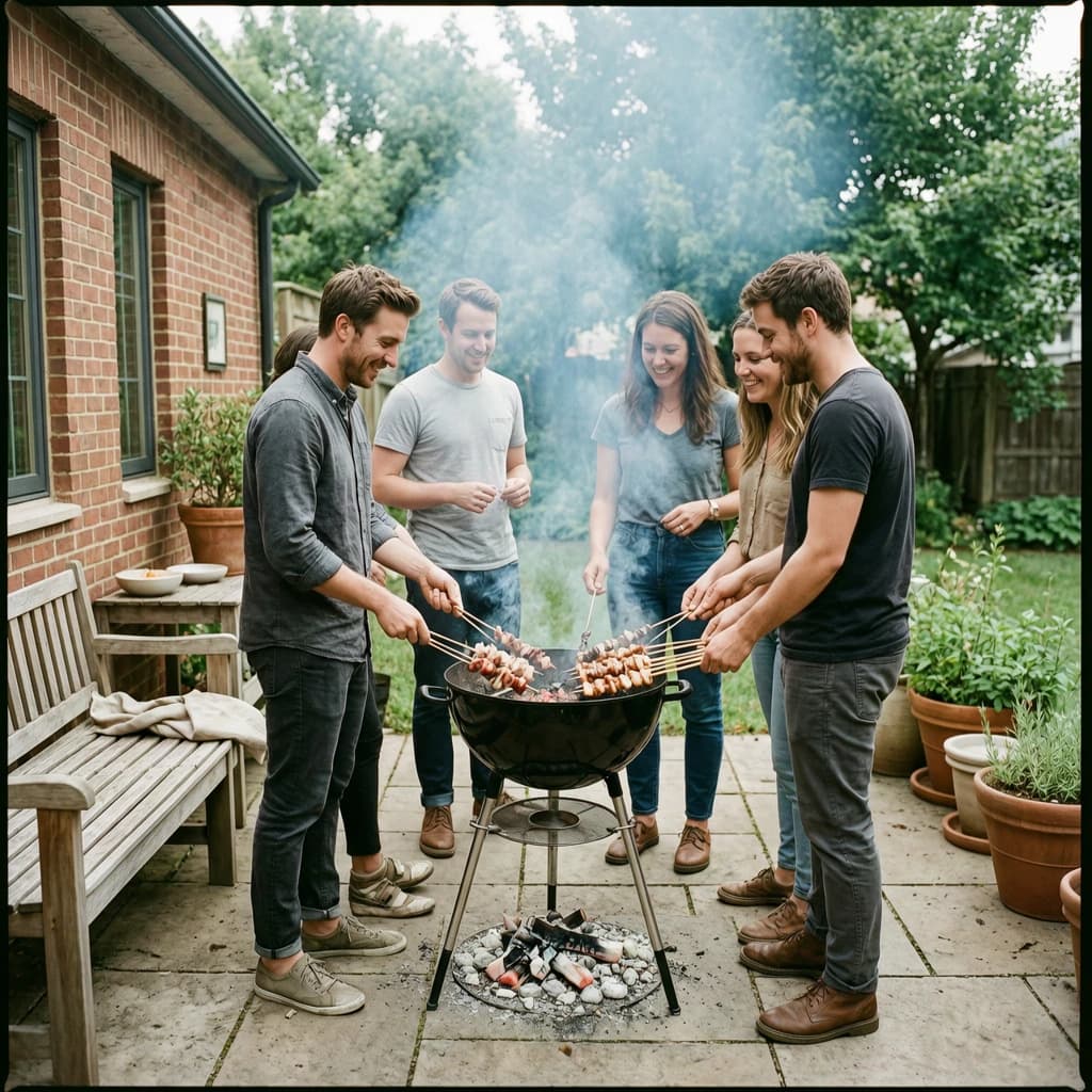 Friends grill skewers on a slightly messy patio.