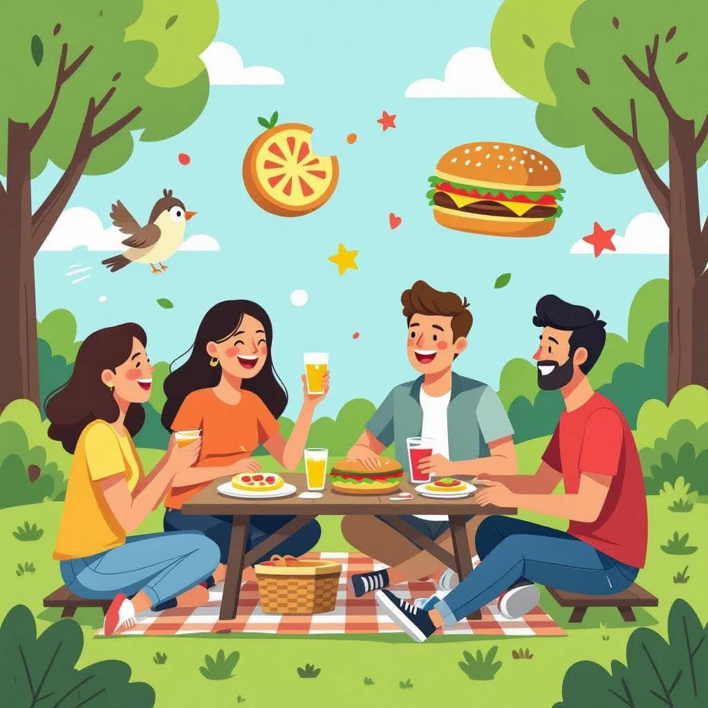Flat vector picnic scene, friends laughing, oversized food icons, simple shapes.