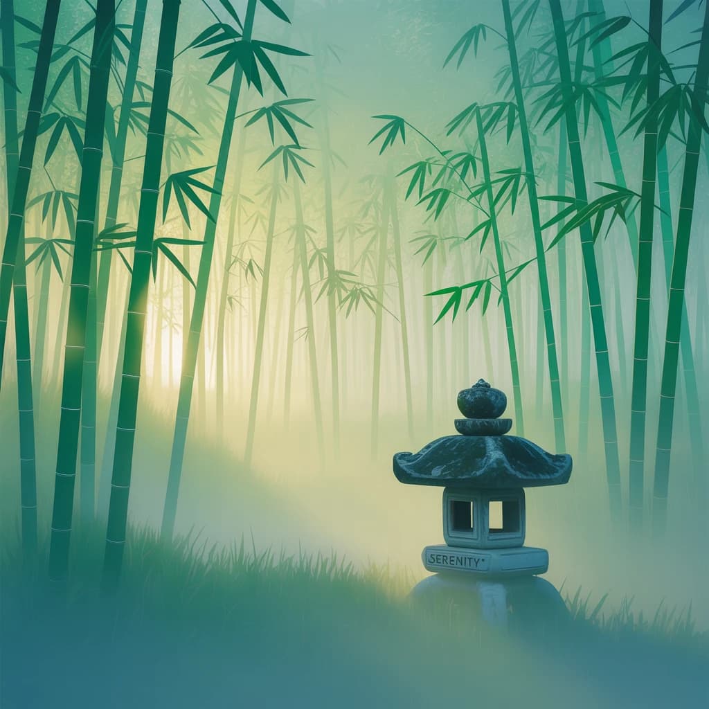 Give me a misty bamboo forest at sunrise, bold outlines, slightly cel-shaded.