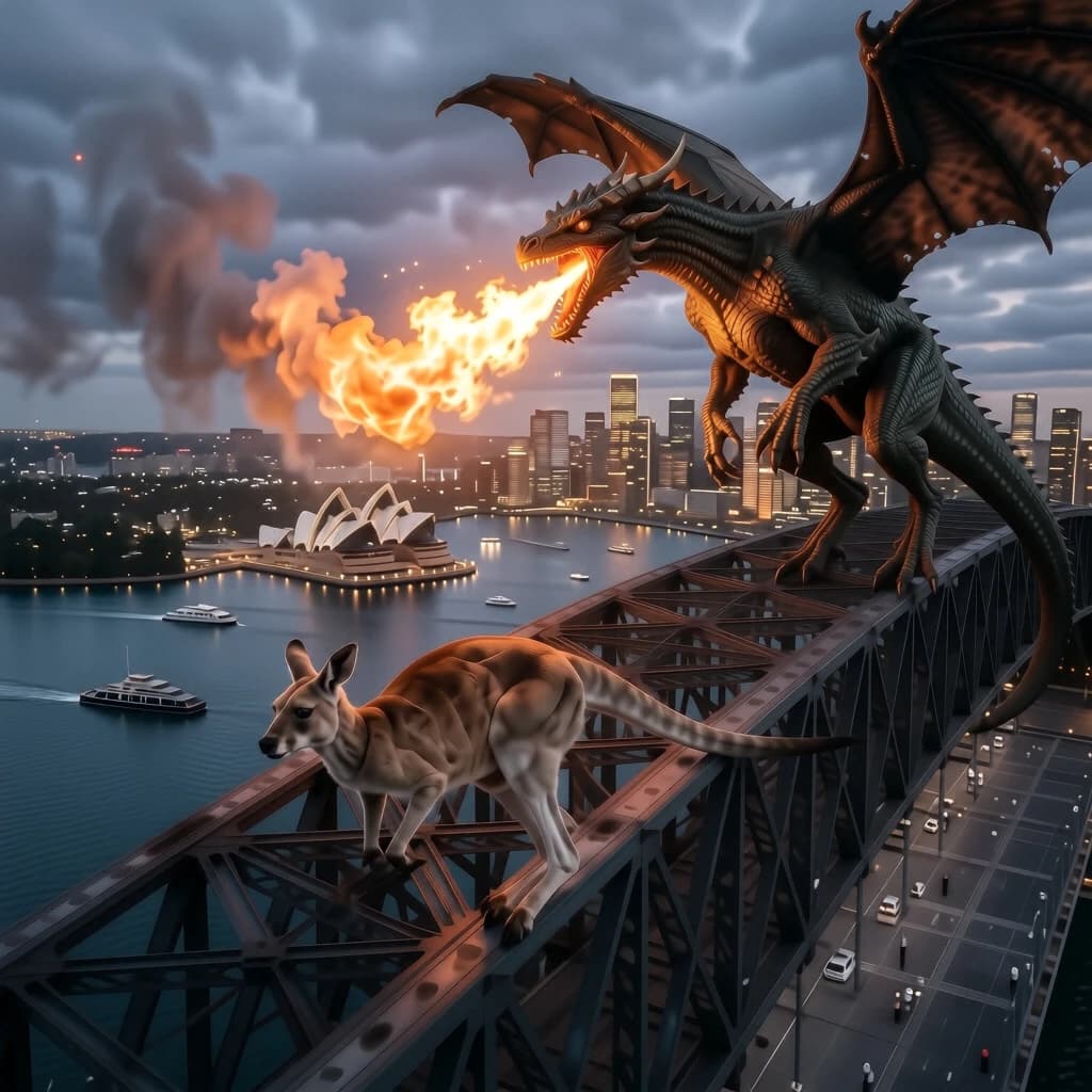A dragon breathes fire at a kangaroo that is running away by climbing over the top of the Sydney Harbour Bridge. Opera House visible in the background.