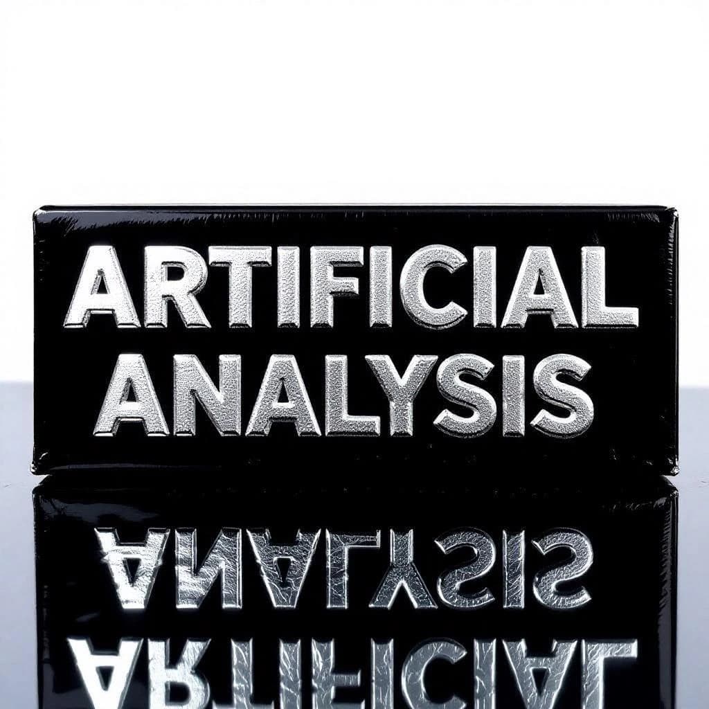 On the black box, silver foil embossing, centered: "Artificial Analysis" in Comic Sans Small Caps, perfectly justified. The letters are crisp, but the “Y” is duplicated faintly, ghosting right. On the box’s reflection, the word order is inverted: ARTIFICIAL ANALYSIS.